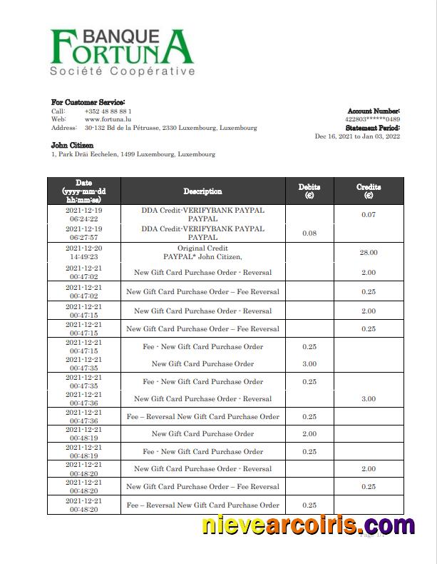 Luxembourg Fortuna Banque bank proof of address statement in Word and PDF format, .doc and .pdf format